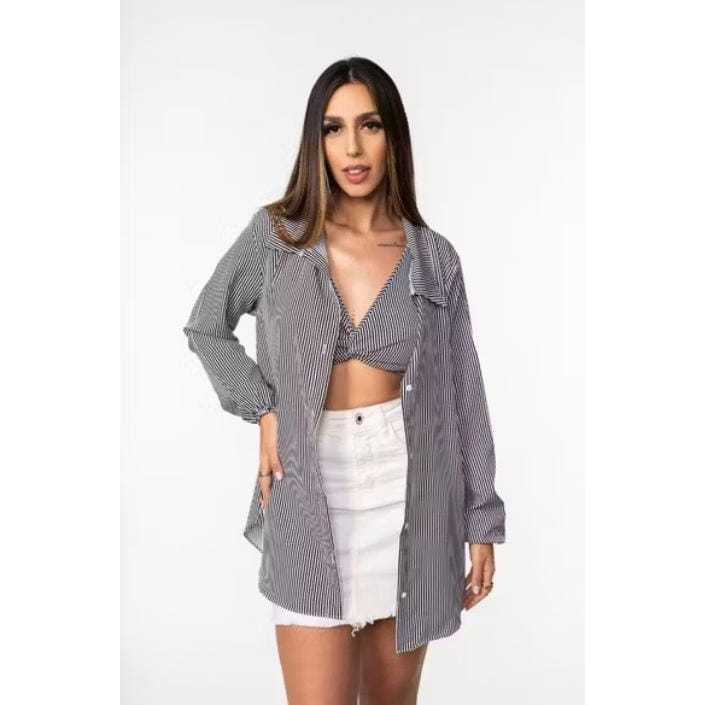Conjunto Shamise Listrado - Top com Amarração e Camisa Estilo Shamise