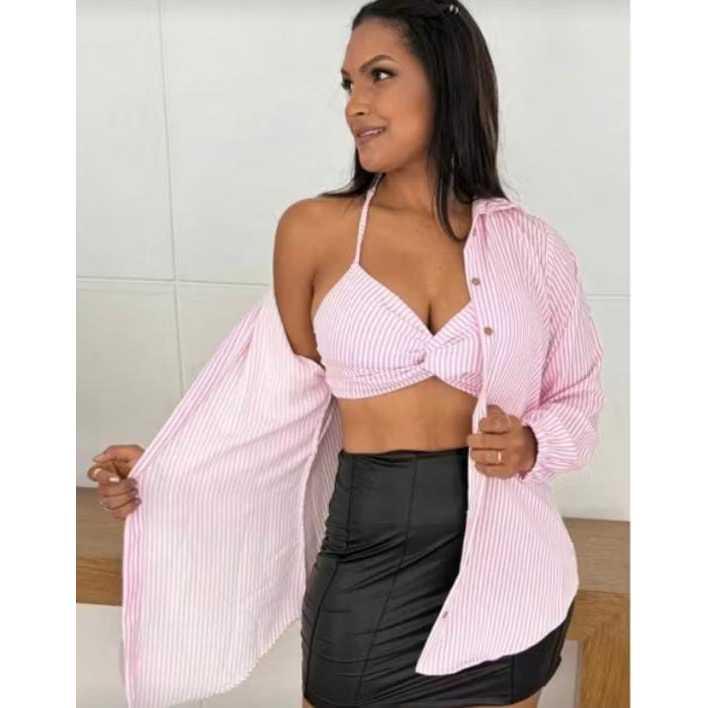Conjunto Shamise Listrado - Top com Amarração e Camisa Estilo Shamise
