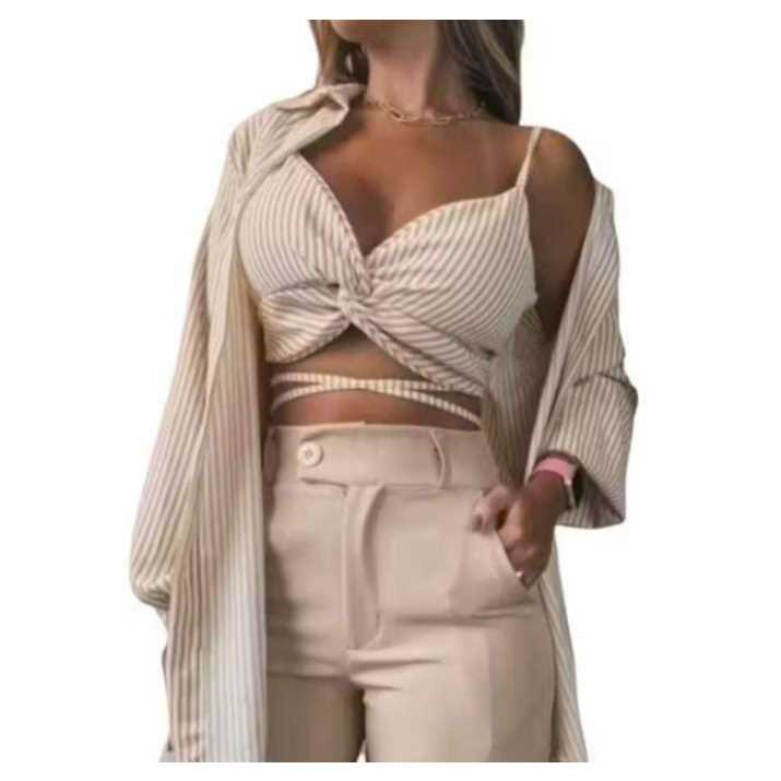 Conjunto Shamise Listrado - Top com Amarração e Camisa Estilo Shamise